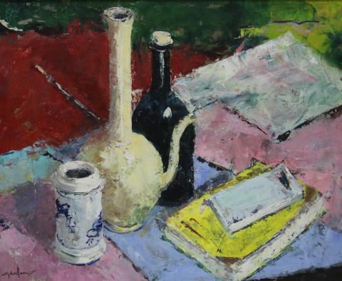 Stilleven met witte kan, fles en een boek by Johannes Gerardus den Hengst