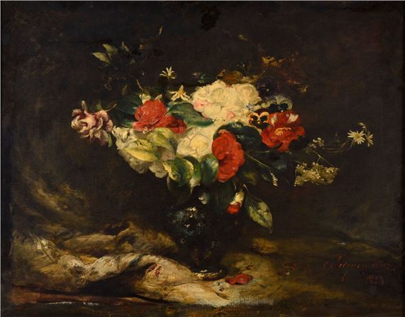 Bouquet de fleurs dans un vase bleu by Jean Seignemartin, 1873