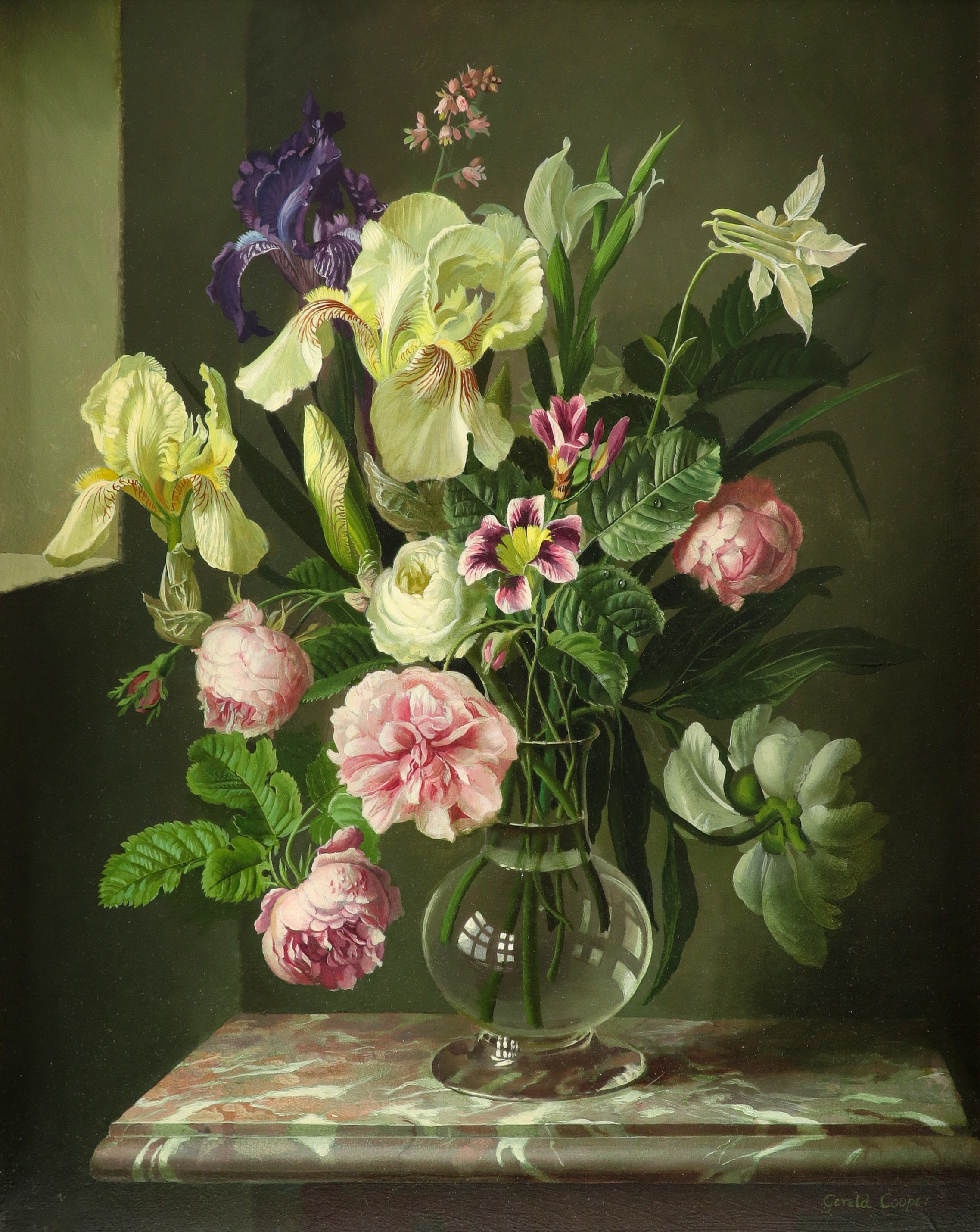 Gerald Cooper | Still life with flowers in a glass vase on a marble ...