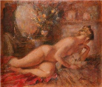 Female nude reclinging in front of a dressing table - Frank Haseler