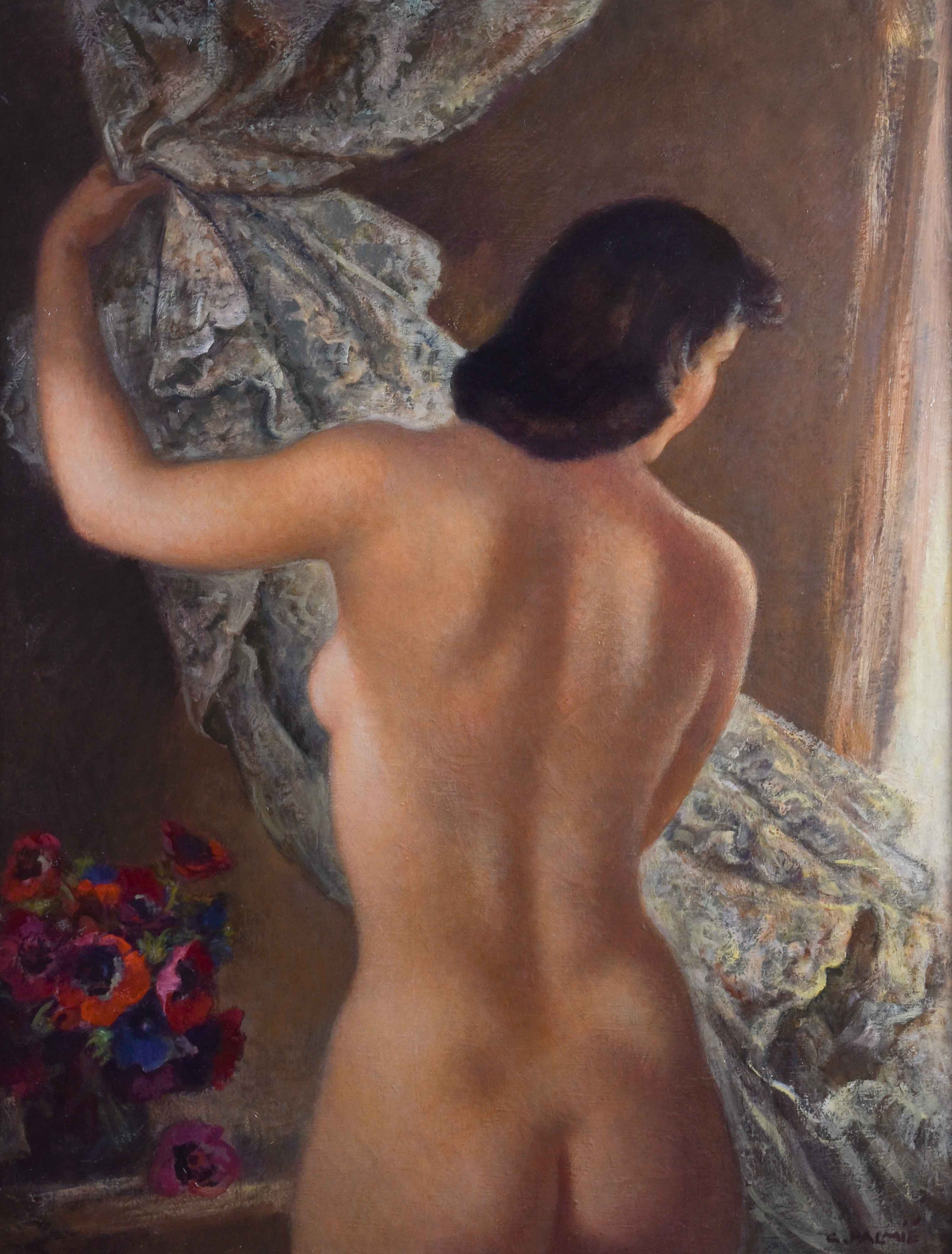 A nude figure stands with back to viewer, hand raised near a draped curtain.