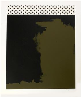A minimalist abstract composition featuring a bold black and olive green split with a polka dot border.