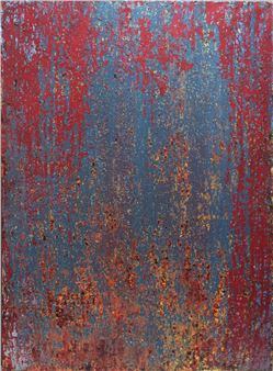 A textured abstract composition featuring vertical streaks of red, blue, and gold.