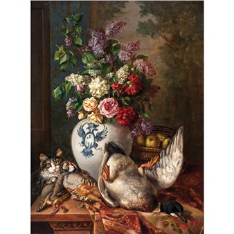 Jarrón de cerámica con flores en un paisajes y animales - Sofía Arnau