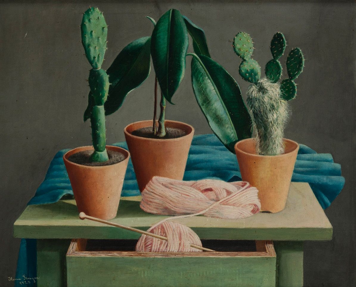 Artwork by Ilona Singer, Still life with cacti and wool ball, Made of Oil on canvas