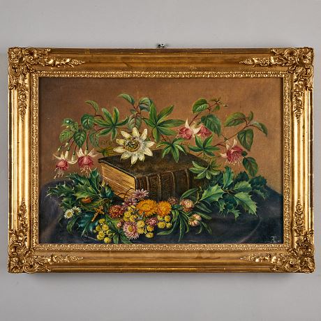 Still life with Biblia Sacra, passion flower, fuchsia and holly by Augusta Plagemann