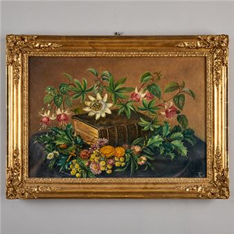 Still life with Biblia Sacra, passion flower, fuchsia and holly - Augusta Plagemann