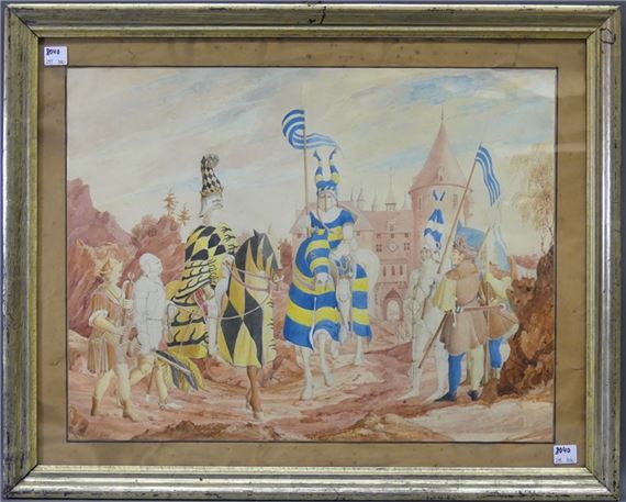 Turnierreiter und Knappen (2 Ritter zu Pferd), im Hintergrund Schloss Gemmingen by German School, 18th Century, um 1800