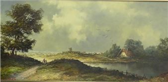 Flusslandschaft mit Haus und Windmühle - F. Koropka