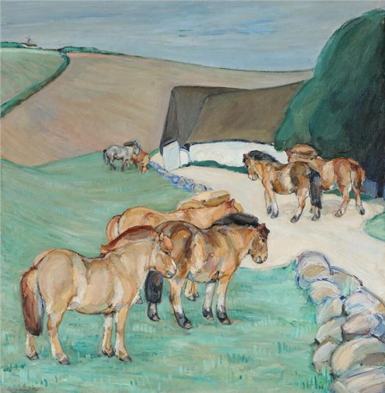 Scenery with horses by Anna Maria Mehrn, 1917