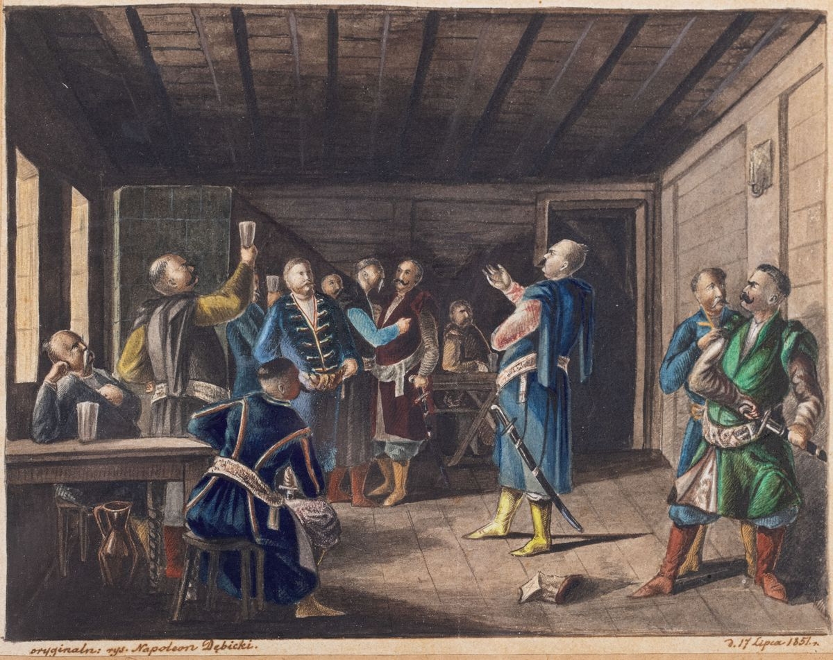 Artwork by Napoleon Debicki, THE CONFERENCE OF THE Nobility, Made of Ink, feather, watercolor, paper