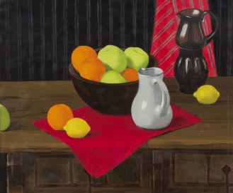 Artwork by Hirohide Hashimoto, Fruits in wooden pot, Made of oil on canvas