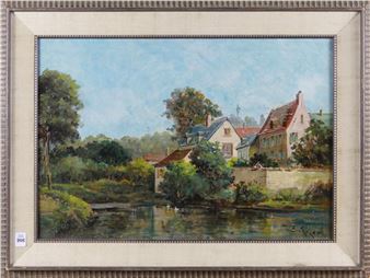 Untitled: Riverside Scene with Figure and Swans - E. Rozas