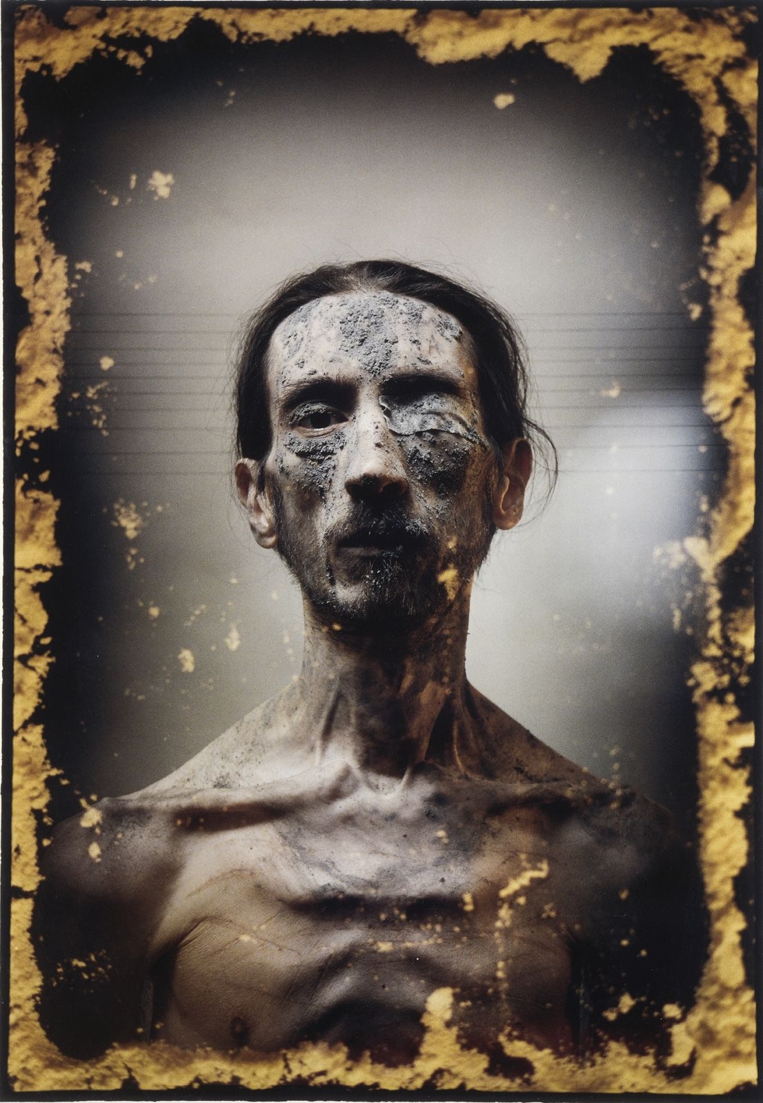 The mirror, ash, excrement, alpha and omega on the forehead, Self-Portrait series by David Nebreda, 1989