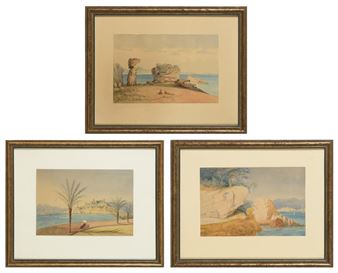 Ansicht Nizza mit hellem Sonnenlicht über der felsigen Bucht; Staffagefiguren vor Turmruine mit Blick übers Meer bei Menton; Staffagefigur mit Blick zu einer Burganlage und der Stadt darunter - Ernestine Grimmel