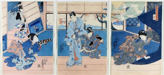 Utagawa Kunisada | Interior scene with ladies enduring a windblown ...