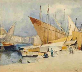 Venice landscape with boats and characters - Wilhelm Johann Bader