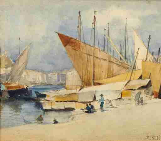 Venice landscape with boats and characters - Wilhelm Johann Bader