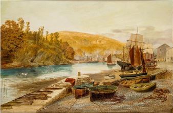 Fishermen and beached shipping vessels in an estuary and a harbour beyond with hills - A. Lyon