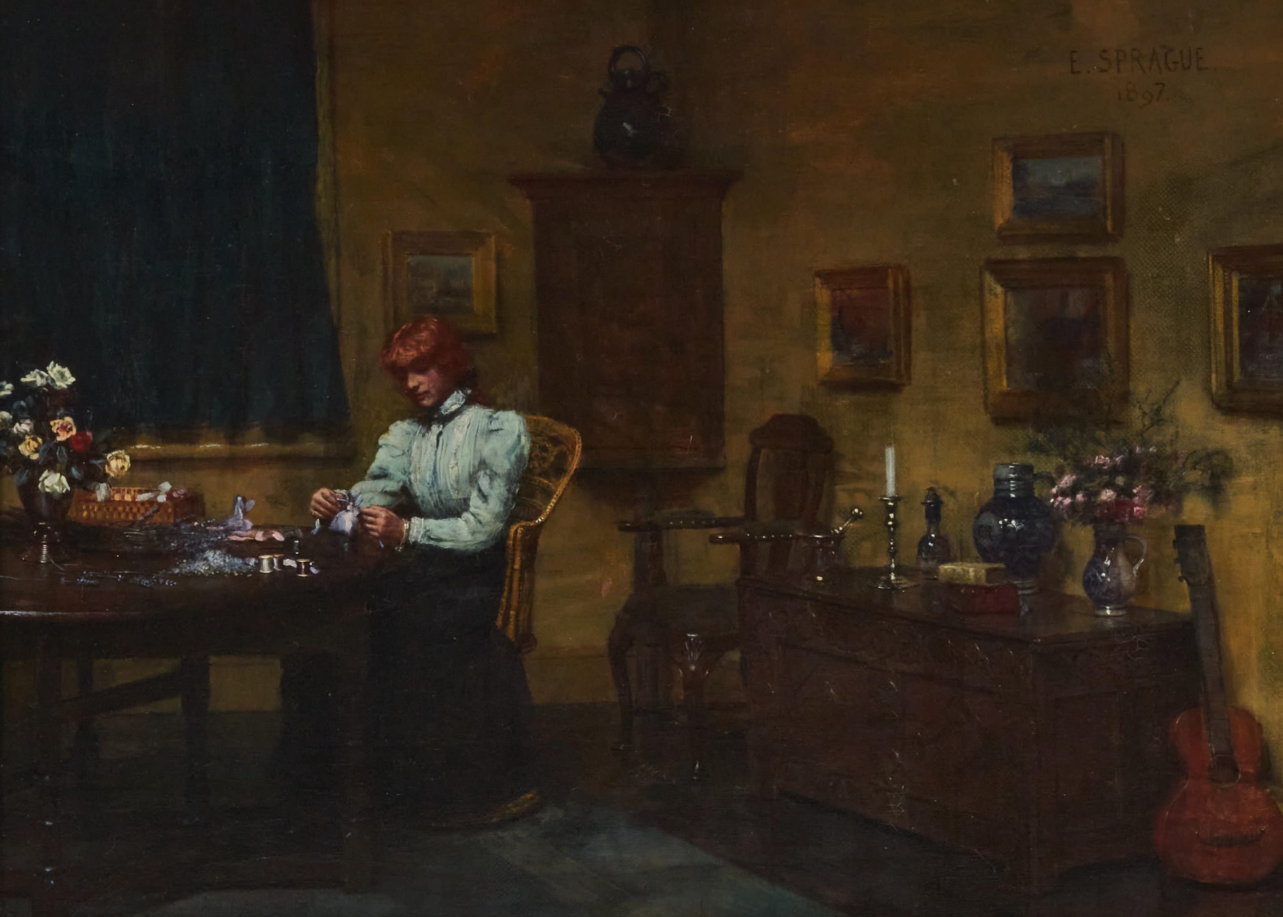 Artwork by Edith Sprague, Making Lavender Bags, Made of oil on canvas