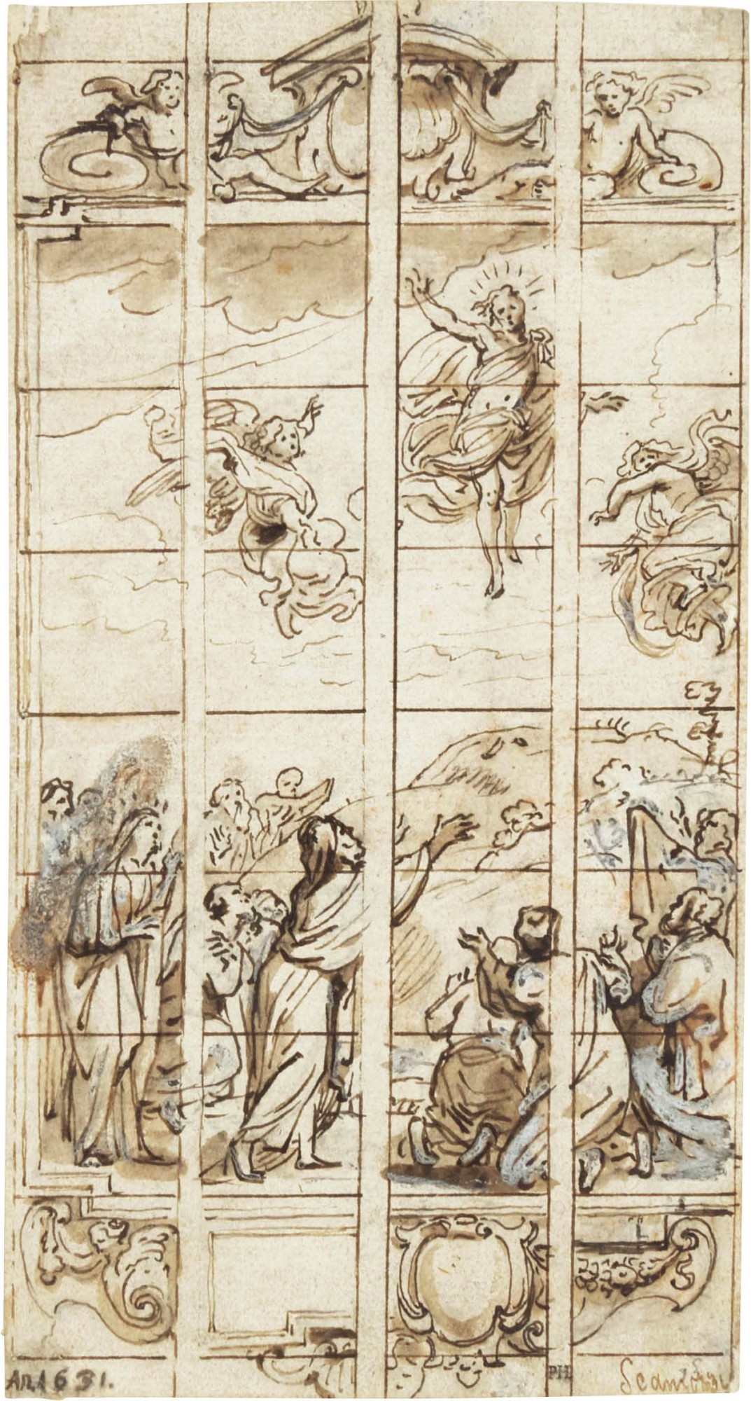 Artwork by Abraham van Diepenbeeck, Design for a stained glass window of the Resurrection, Made of Pen and brown ink and wash heightened