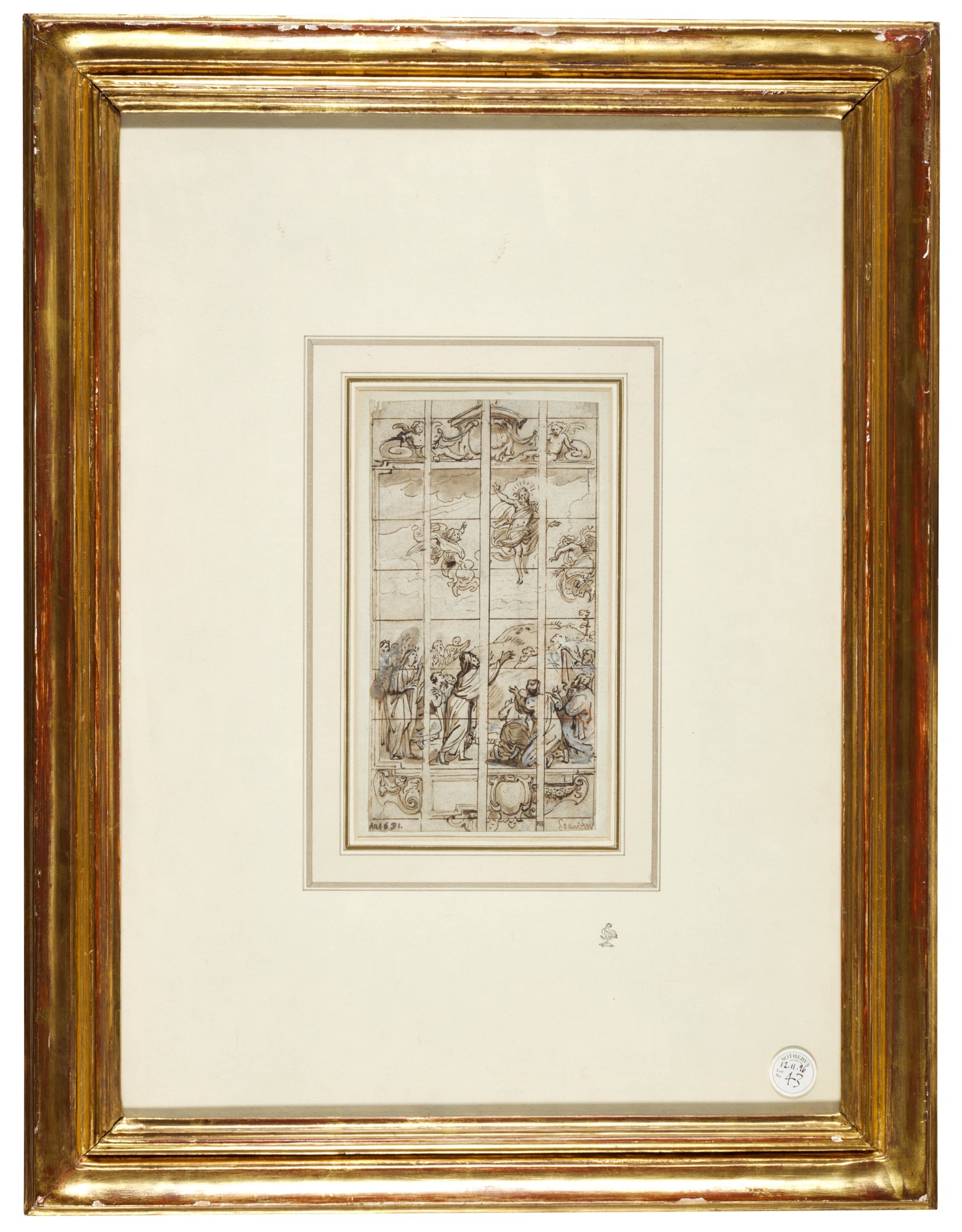 Artwork by Abraham van Diepenbeeck, Design for a stained glass window of the Resurrection, Made of Pen and brown ink and wash heightened