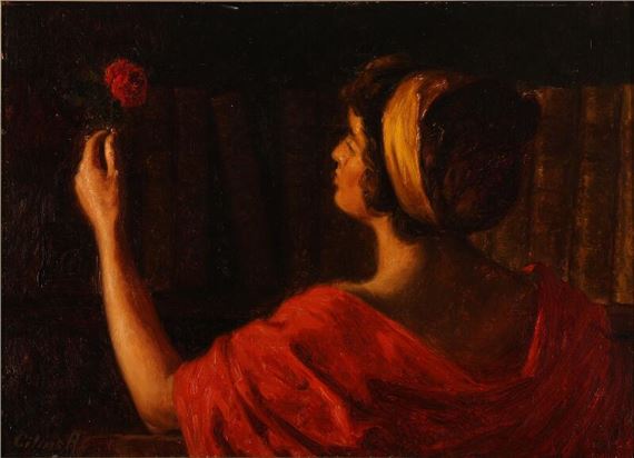 A woman with a red rose in her hand by Cilius Andersen