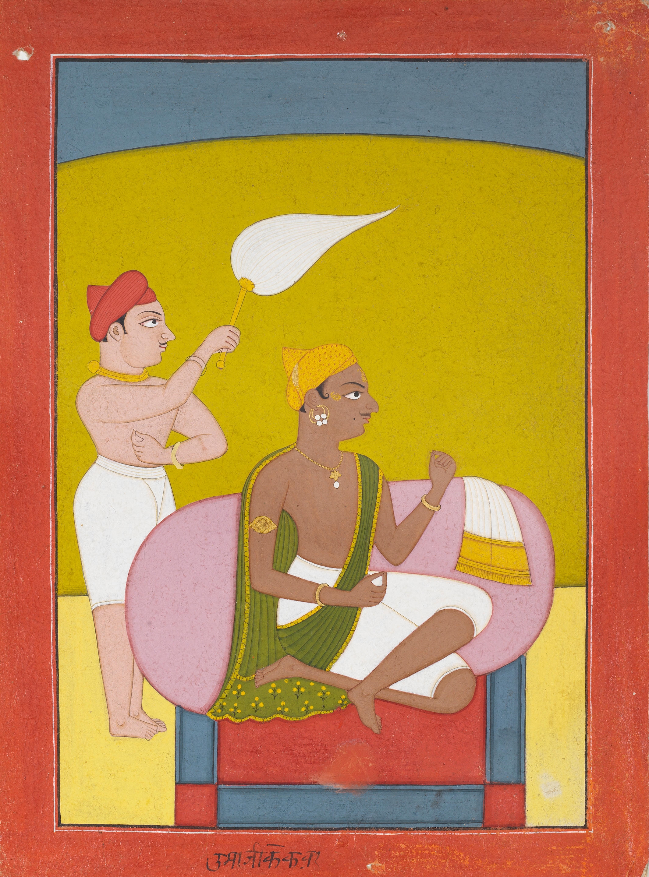 A prince seated with an attendant waving a flywhisk by Rajasthan School, 19th Century, circa 1800