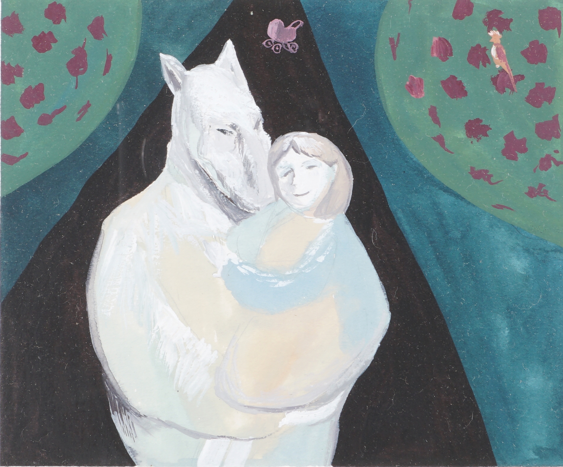 Artwork by Dmitri Merkoulov, Animal circle: Father, Daughter and Parrot, Made of bodycolour