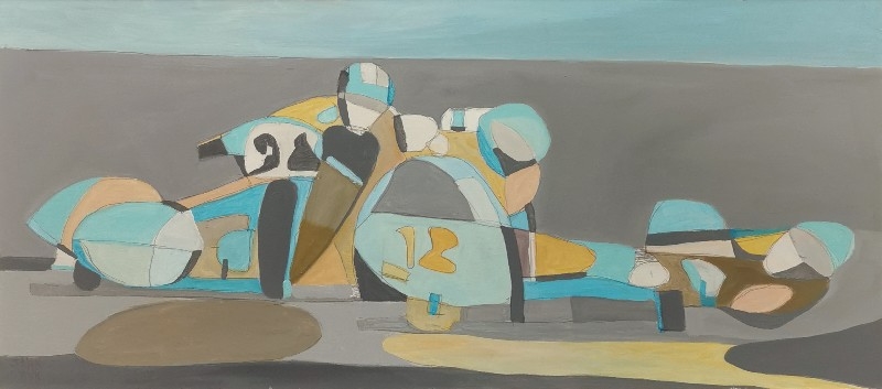 Artwork by Adam Kozik, Sidecar racing, Made of acrylic, pencil, canvas