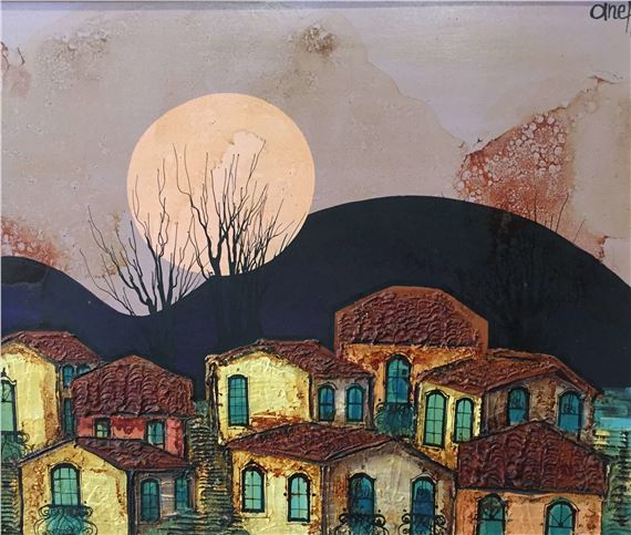 Casas coloniales y luna by Liny Aneff