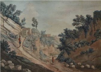 Mountain cottage in Naples; with a companion depicting two workers walking up an hillside path - Ellis Cornelia Knight