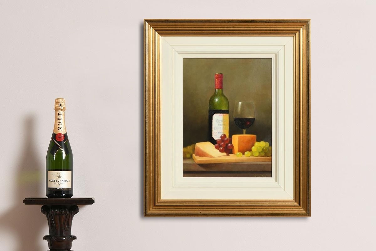 Artwork by Peter Dee, Still Life - Wine and Cheese, Made of oil on canvas board