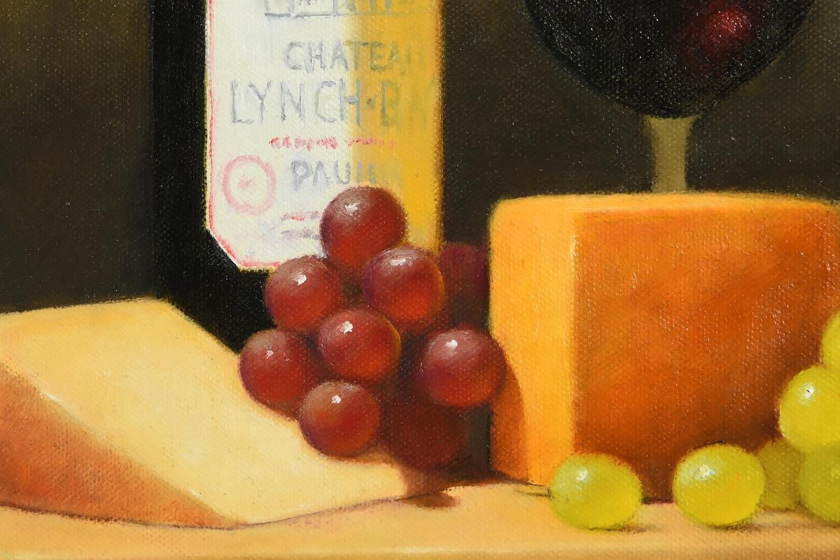 Artwork by Peter Dee, Still Life - Wine and Cheese, Made of oil on canvas board