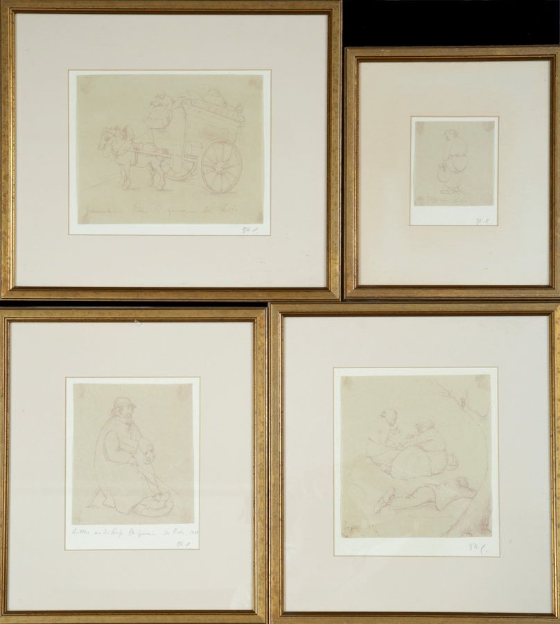 Artwork by Imre Goth, Suite of 13 drawings representing studies of characters, animals, carriages, etc., Made of Probably ink,  Laminated sheets on a cardboard support