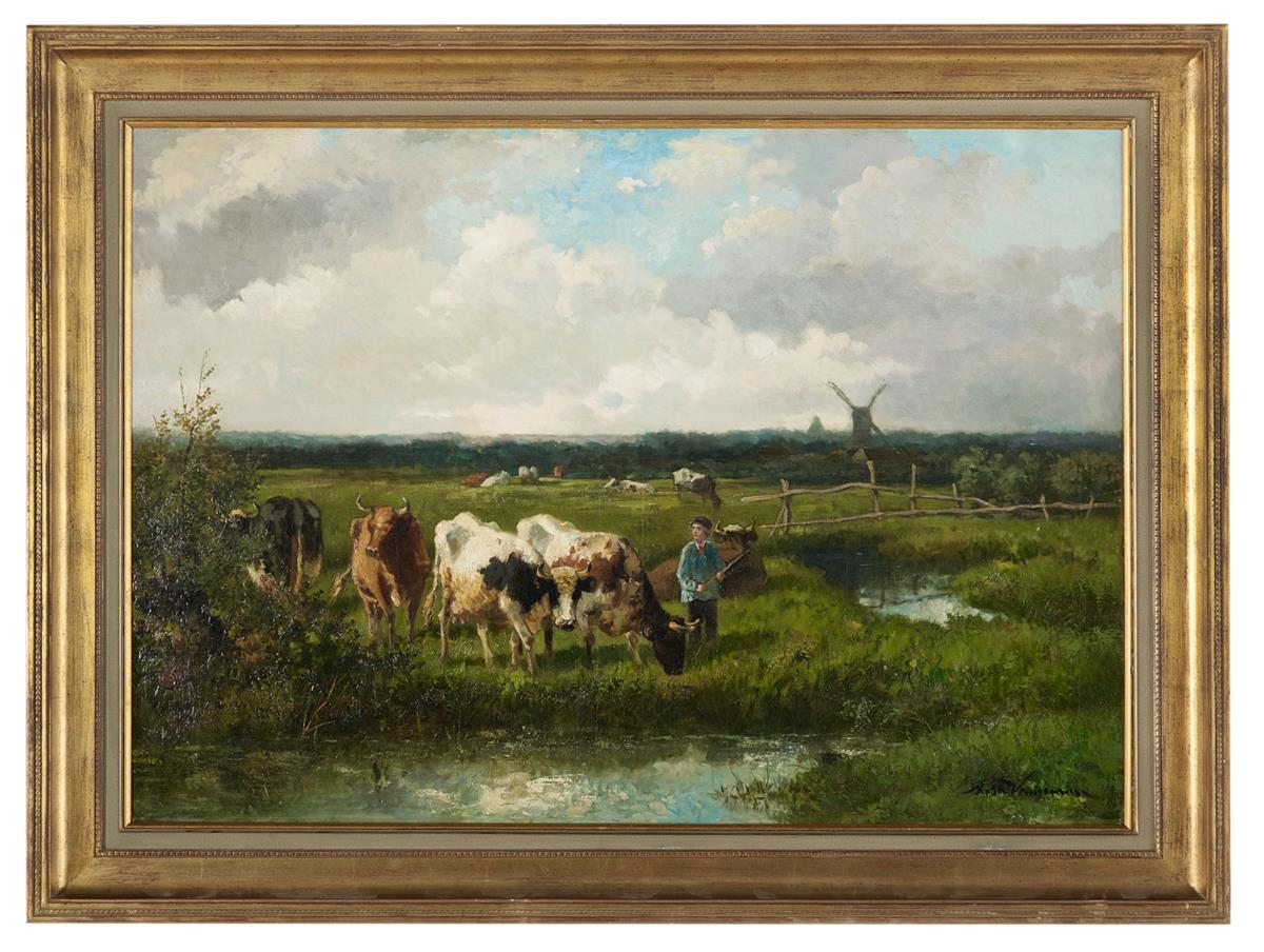 Artwork by Rosa Venneman, "Dutch Landscape with a Boy and His Herd", Made of oil on canvas