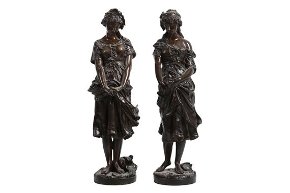 A PAIR OF BRONZE FIGURES OF PEASANT GIRLS by Jean-Baptiste Germain