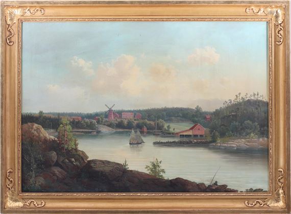 Een boerderij en een molen bij een meer by Swedish School, 19th Century, 1860