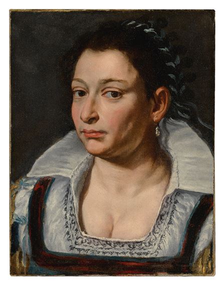 Portrait of a lady in a white blouse with a ribbon in her hair by Bolognese School, 17th Century, Early 17th Century