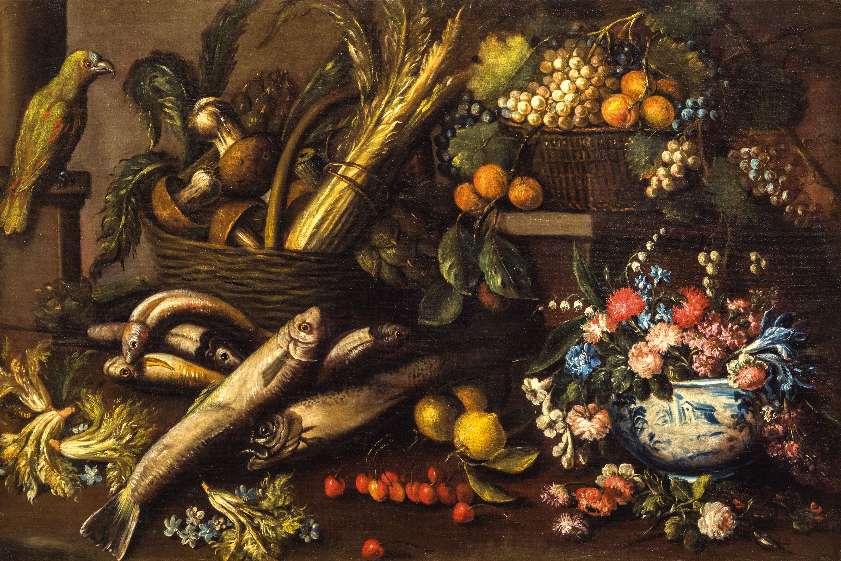 Artwork by Felice Boselli, Natura morta con pesci, fiori, frutta, verdura e un pappagallo, Made of Oil on canvas