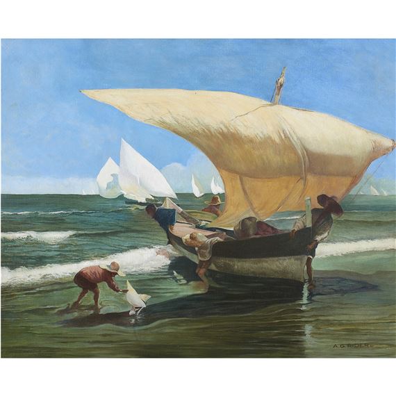 Spanish Fishing Boat on Valencian Beach by Arthur Grover Rider, circa 1920