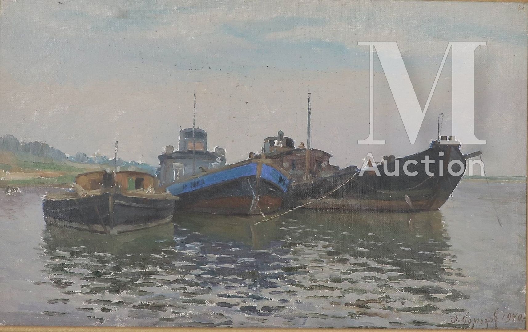 Artwork by A. Morozov, Bateaux sur le fleuve, Made of Oil on canvas