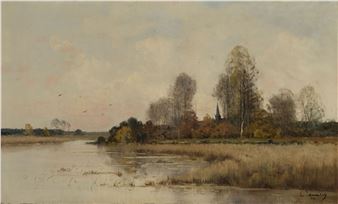 Village au bord de l'étang - E. Lemaitre