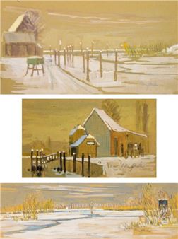 Vereister See mit hohem Schilf; Bauernhaus in verschneiter Landschaft mit See im Hintergrund; Bauernhaus mit Steg - Walter Hangarter