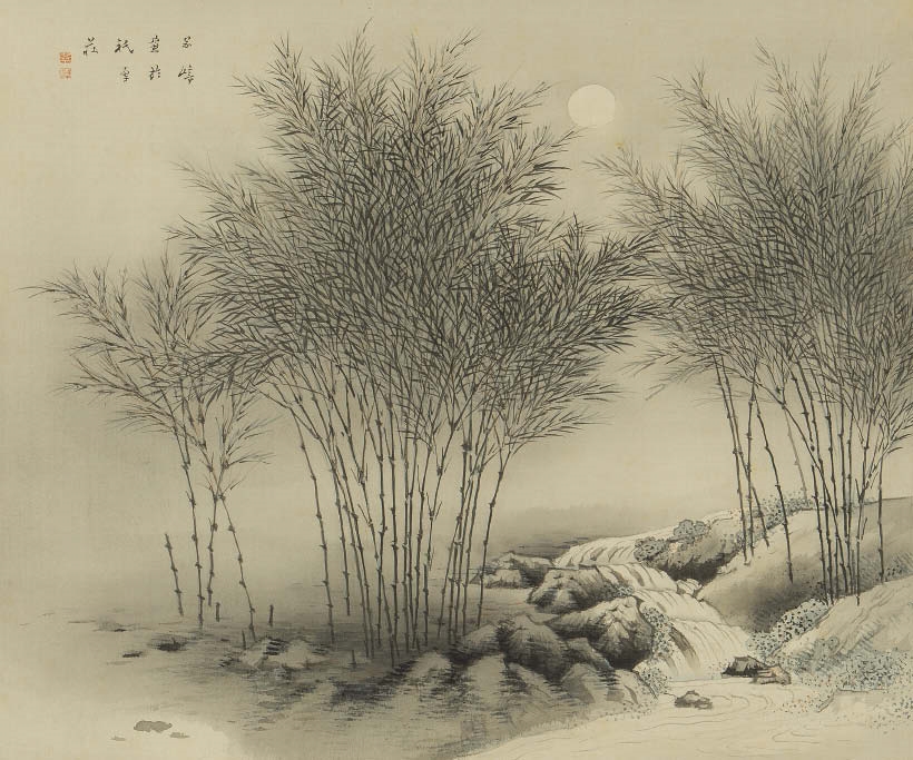 Artwork by Suisho Nishiyama, Bamboo woods and moonlight, Made of ink and color on silk