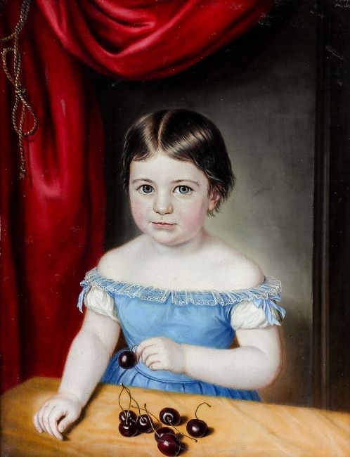 Biedermeier School | Mädchen in blauem Kleid mit Kirschen (1846 ...
