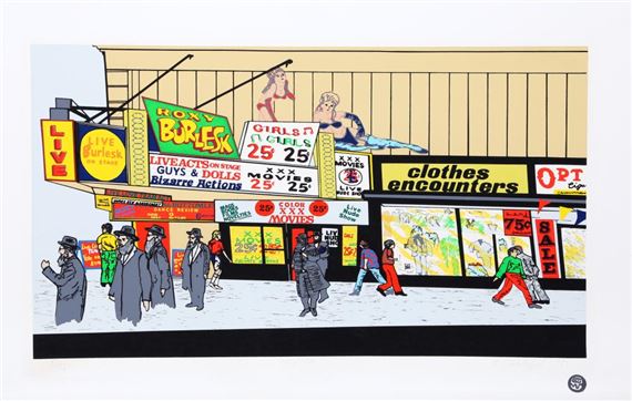 A vibrant street scene featuring a row of colorful storefronts with people walking in front.