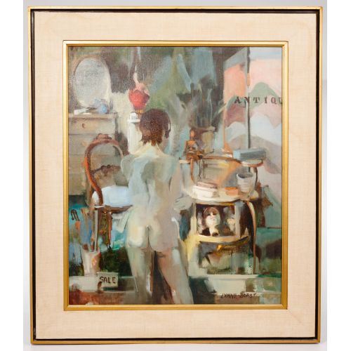 Depicting a nude female standing in front of various objects by Lynne Borst