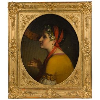 Depicting a woman playing harp - European School, 19th Century