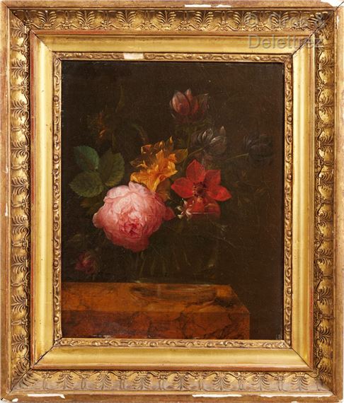 Rose bouquet of flowers in a glass vase on a yellow marble entablature by Joseph-Laurent Malaine